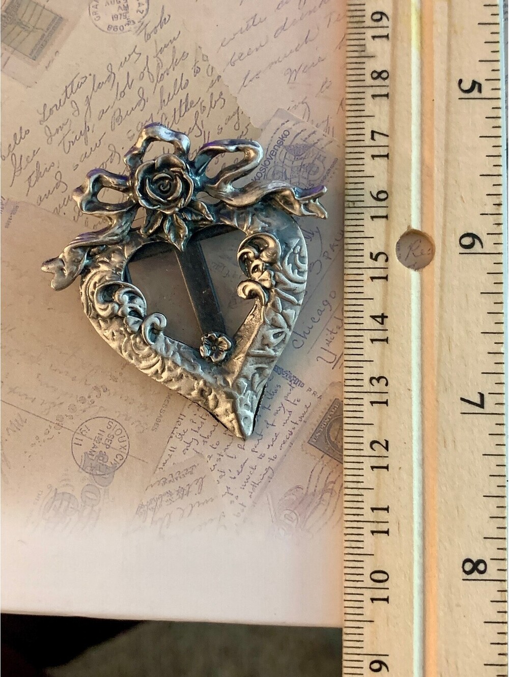Vintage Victorian Revival Rose Ribbon Heart Scarf Clip Brooch